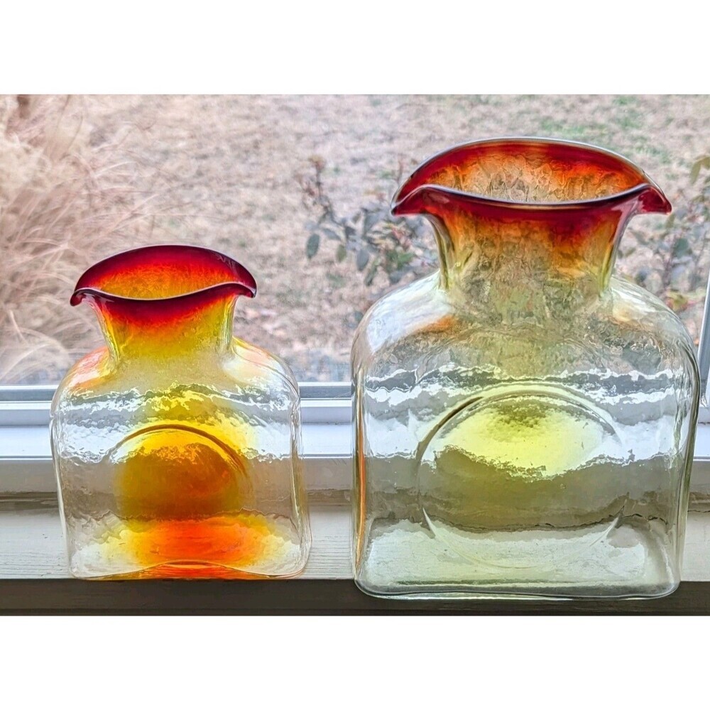 Blenko 2013 Tangerine UV Cadmium Glow Water Bottle Pitcher Set - Large Mini #384